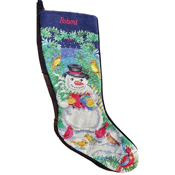 Lands' End Needlepoint Christmas Stocking ROBERT Snowman Wool Discontinued C3 - Picture 1 of 10